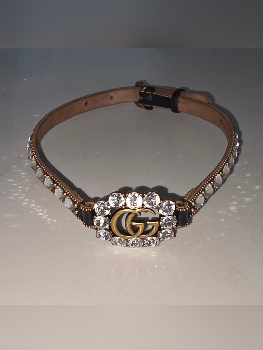Gucci Black Leather Crystal-Studded Bracelet with Gold Double G - Picture 4 of 8